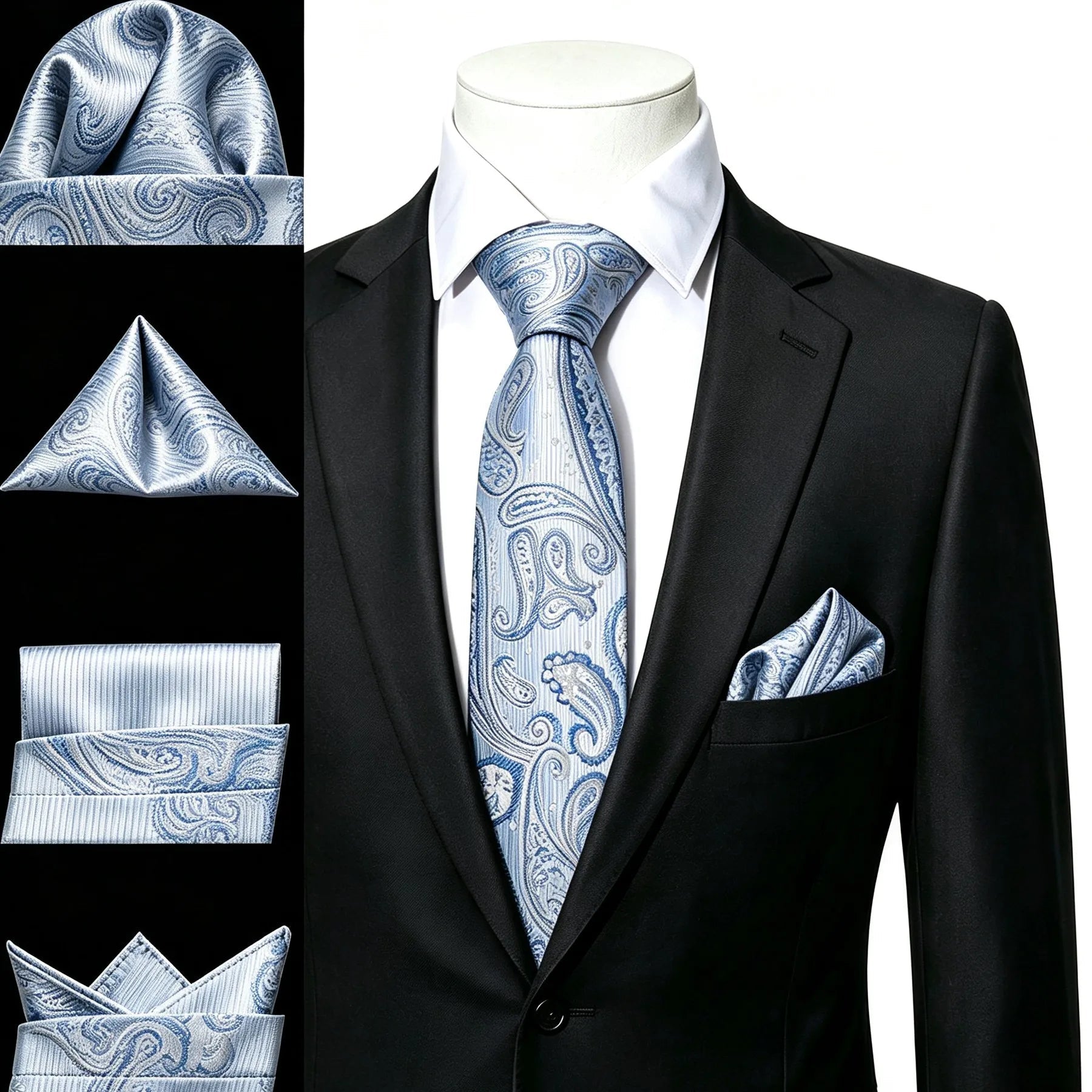 Gravata Masculina Azul Estampa Paisley com Lenço de Bolso