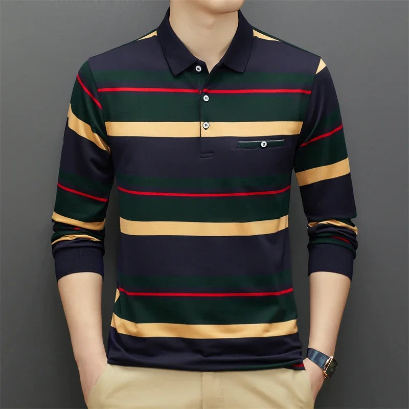 PROMOÇÃO Camisa Polo Listrada Manga Comprida Estilo Casual