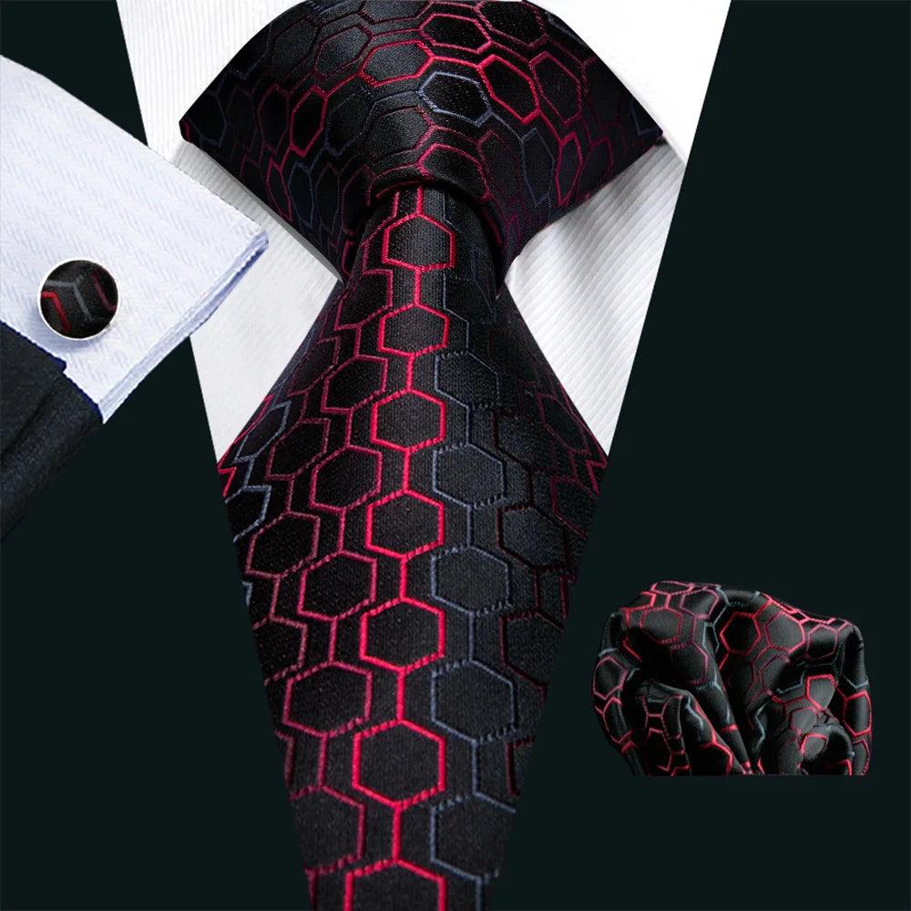 Gravata Masculina de Seda Azul Geométrica com Lenço e Abotoaduras