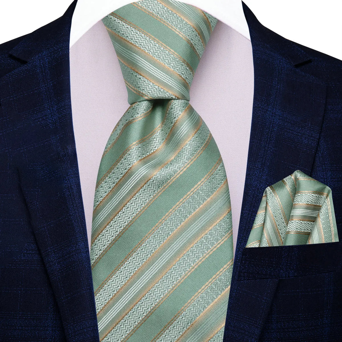 Gravata Masculina Verde Menta Listrada com Lenço de Bolso