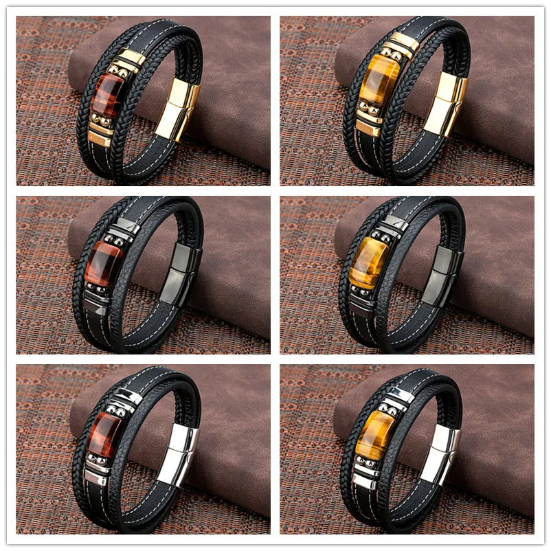 Pulseira Masculina de Couro Olho de Tigre Natural