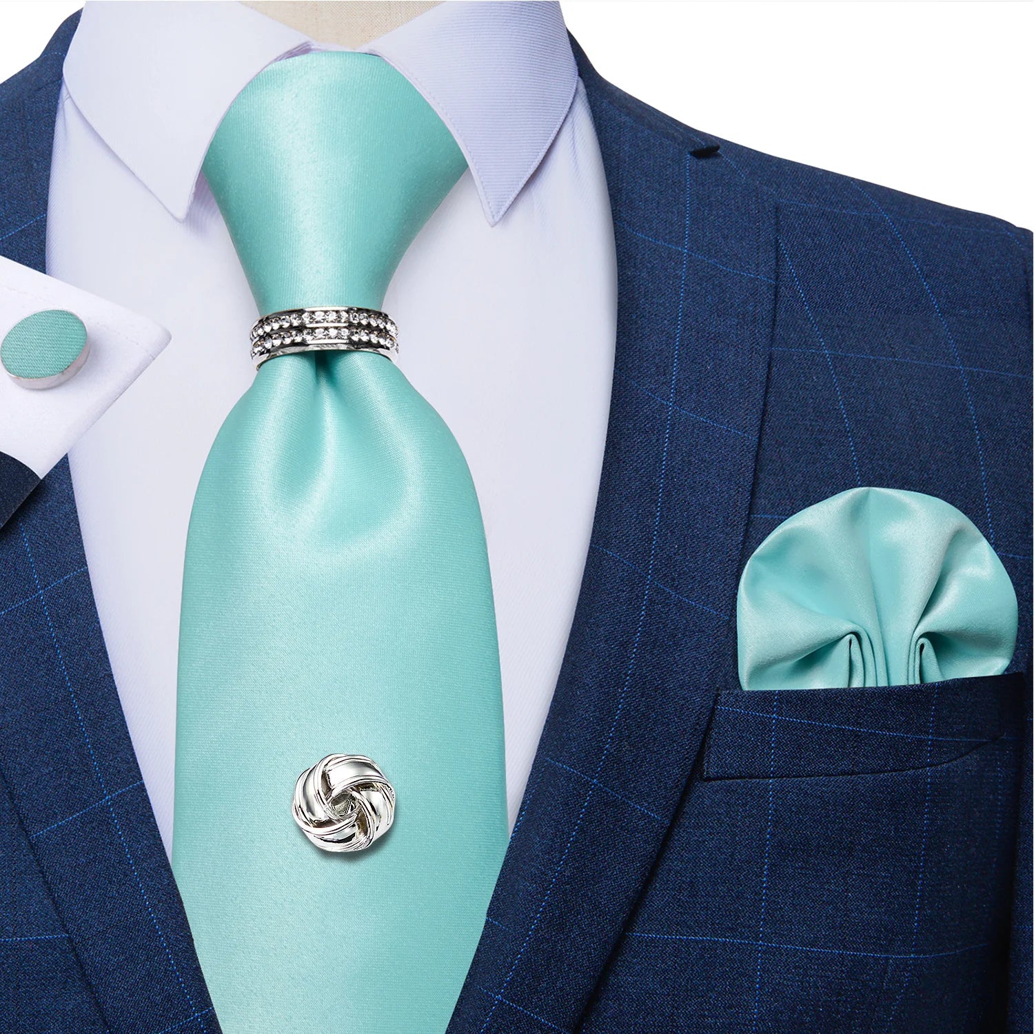 Conjunto de Gravata Masculina de Luxo Azul 8cm