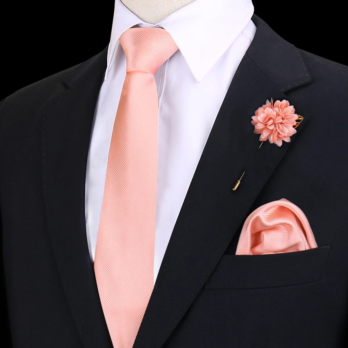 Gravata Masculina Lisa Poliéster com Broche e Lenço de Bolso