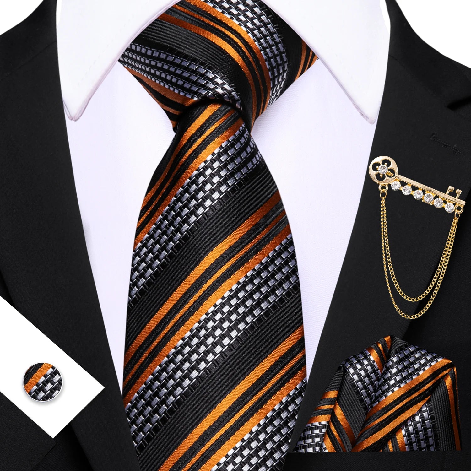 Conjunto de Gravata Masculina com Broche e Lenço