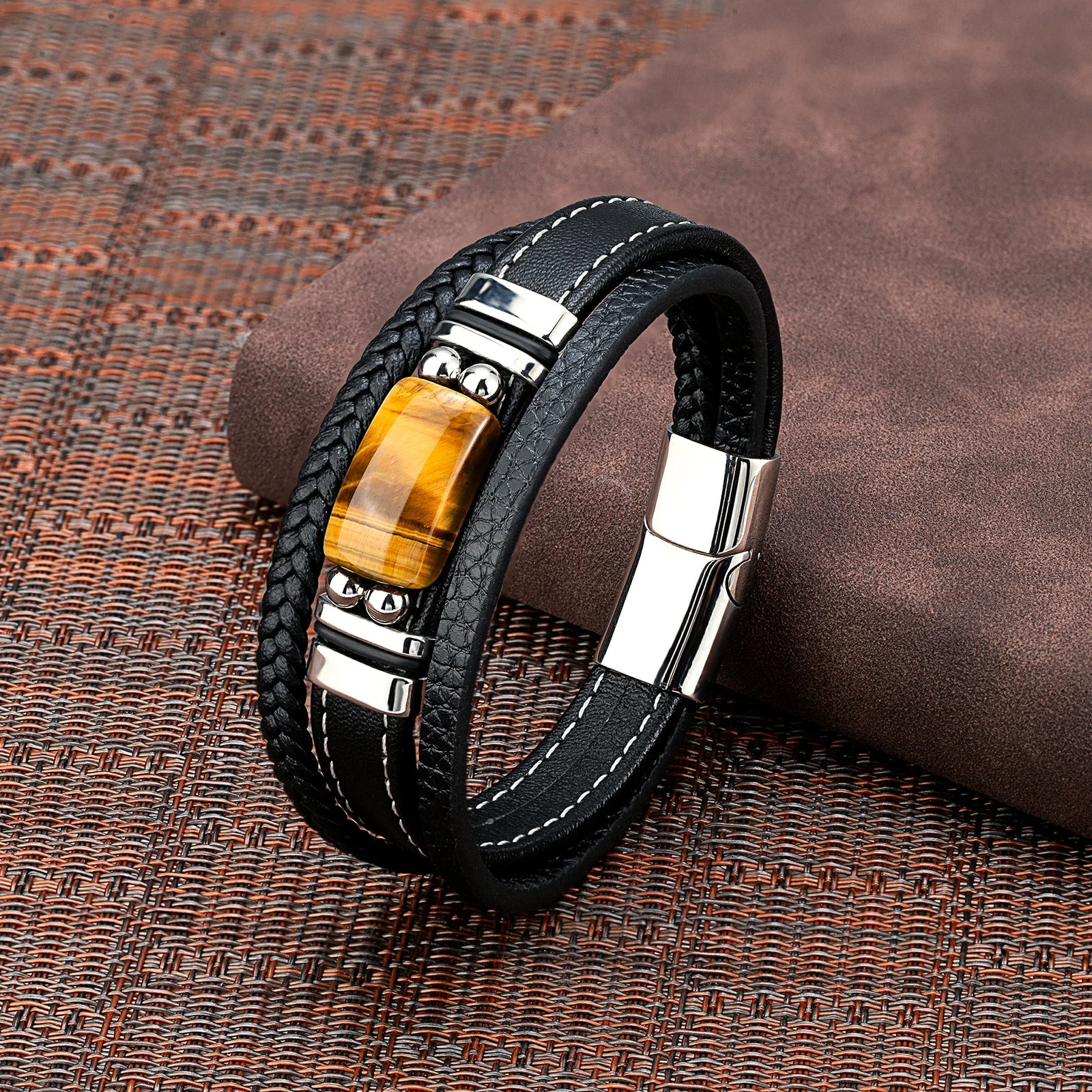 Pulseira Masculina de Couro Olho de Tigre Natural