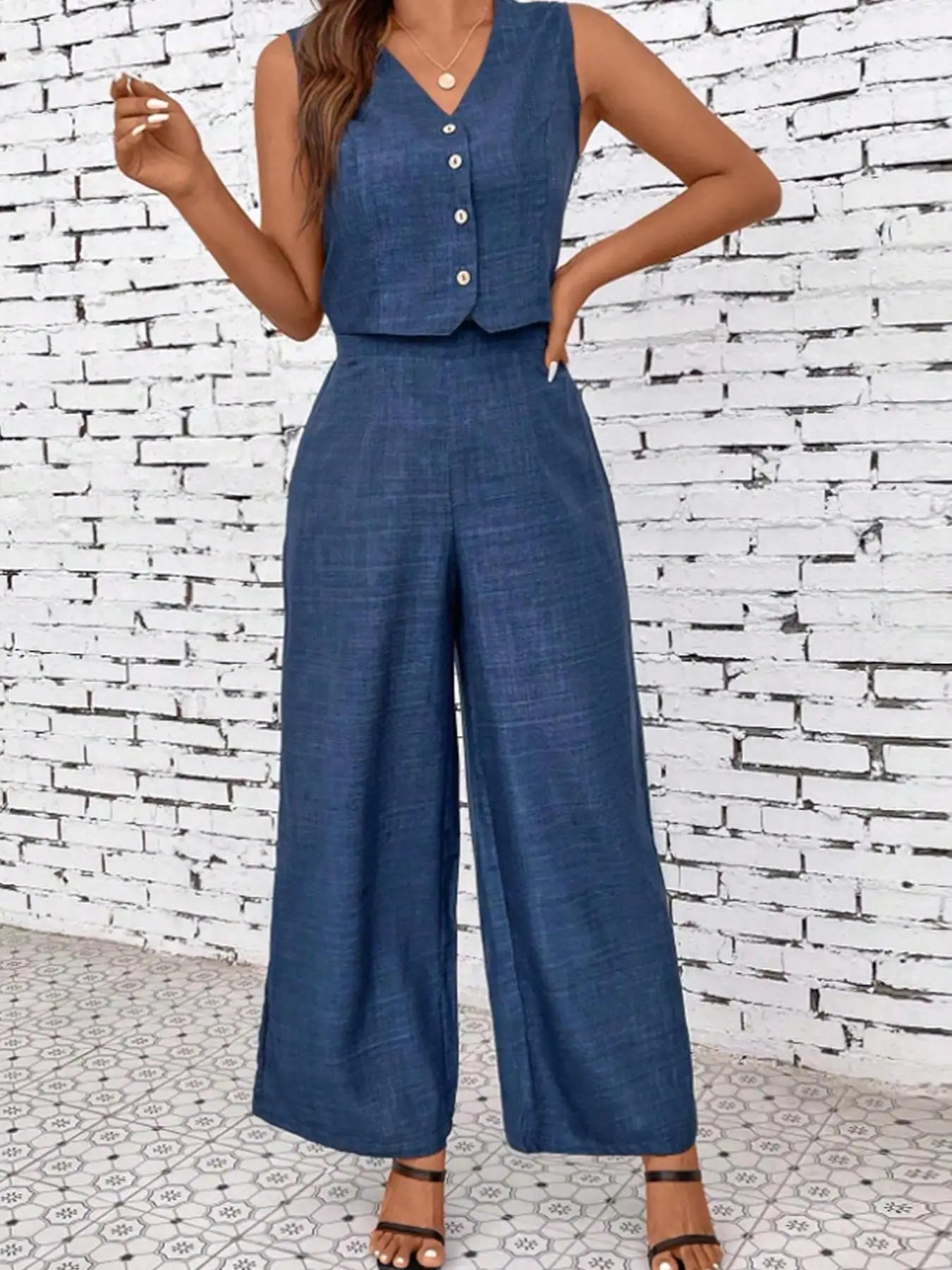 Conjunto Feminino Sem Mangas Blusa Decote V E Calças De Pernas Largas