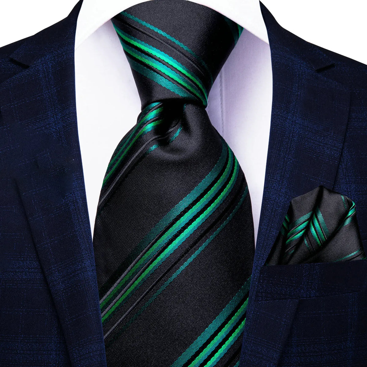 Gravata Masculina de Poliéster Verde e Preto Listrado com Lenço de Bolso