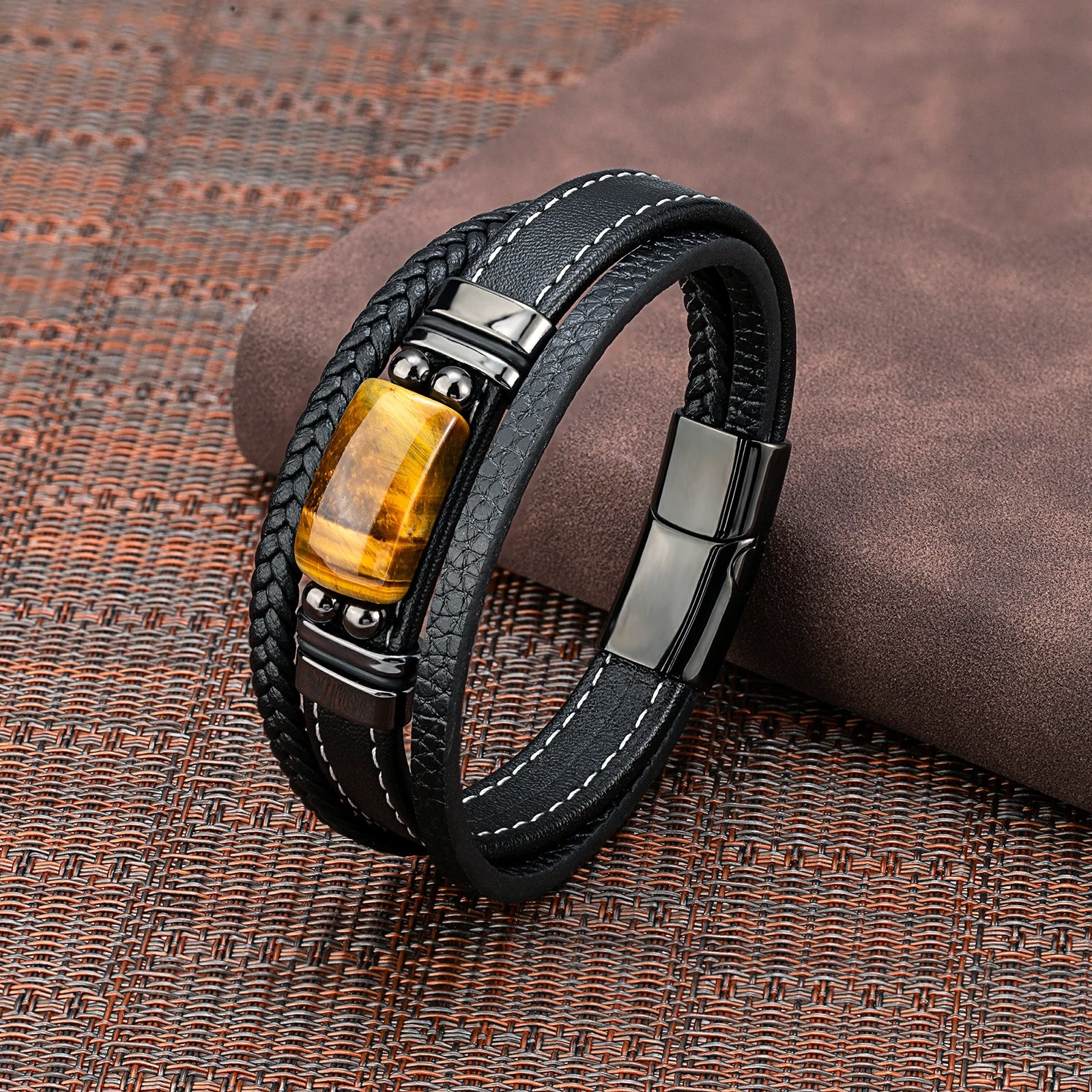 Pulseira Masculina de Couro Olho de Tigre Natural