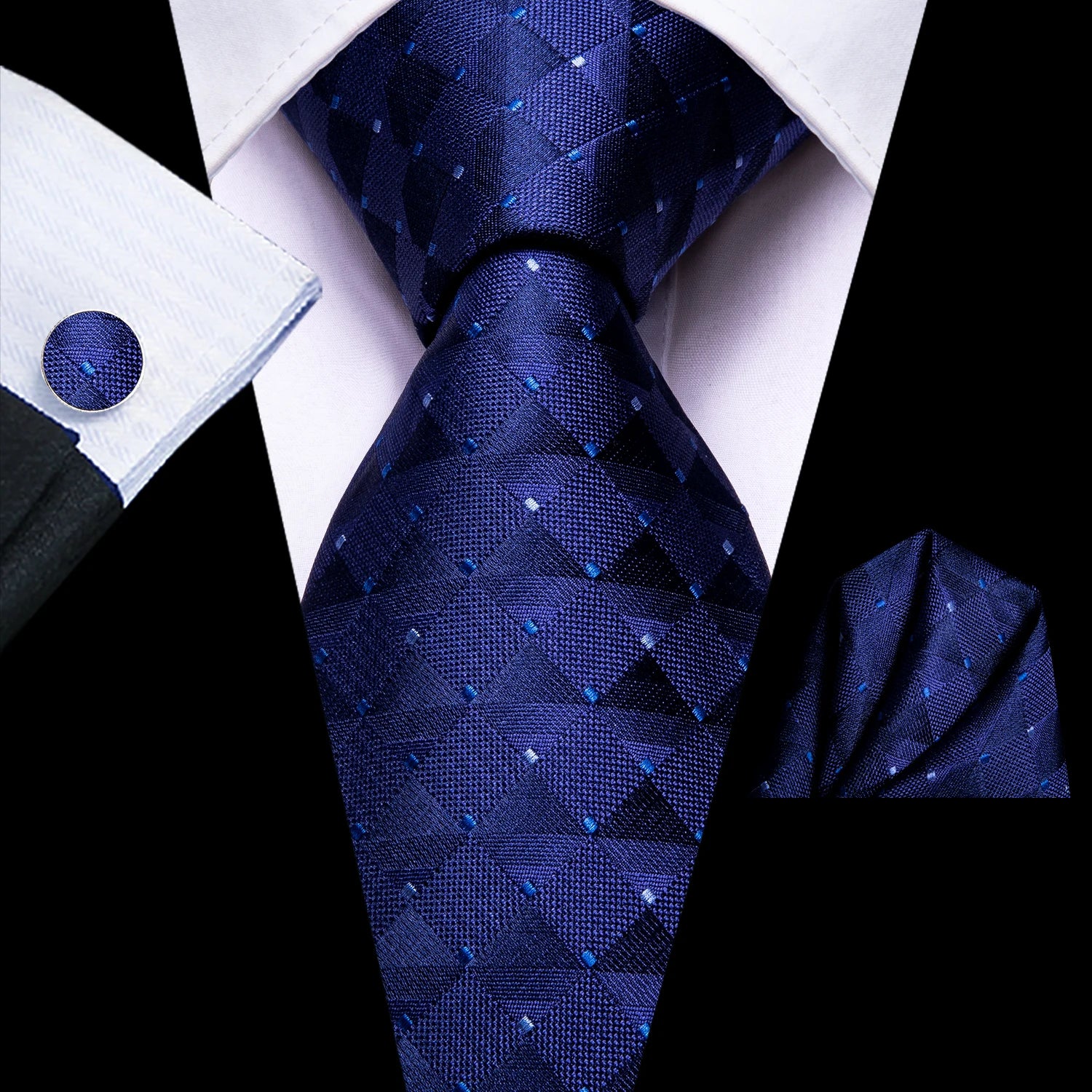 Gravata Masculina Clássica Azul com Lenço e Abotoaduras