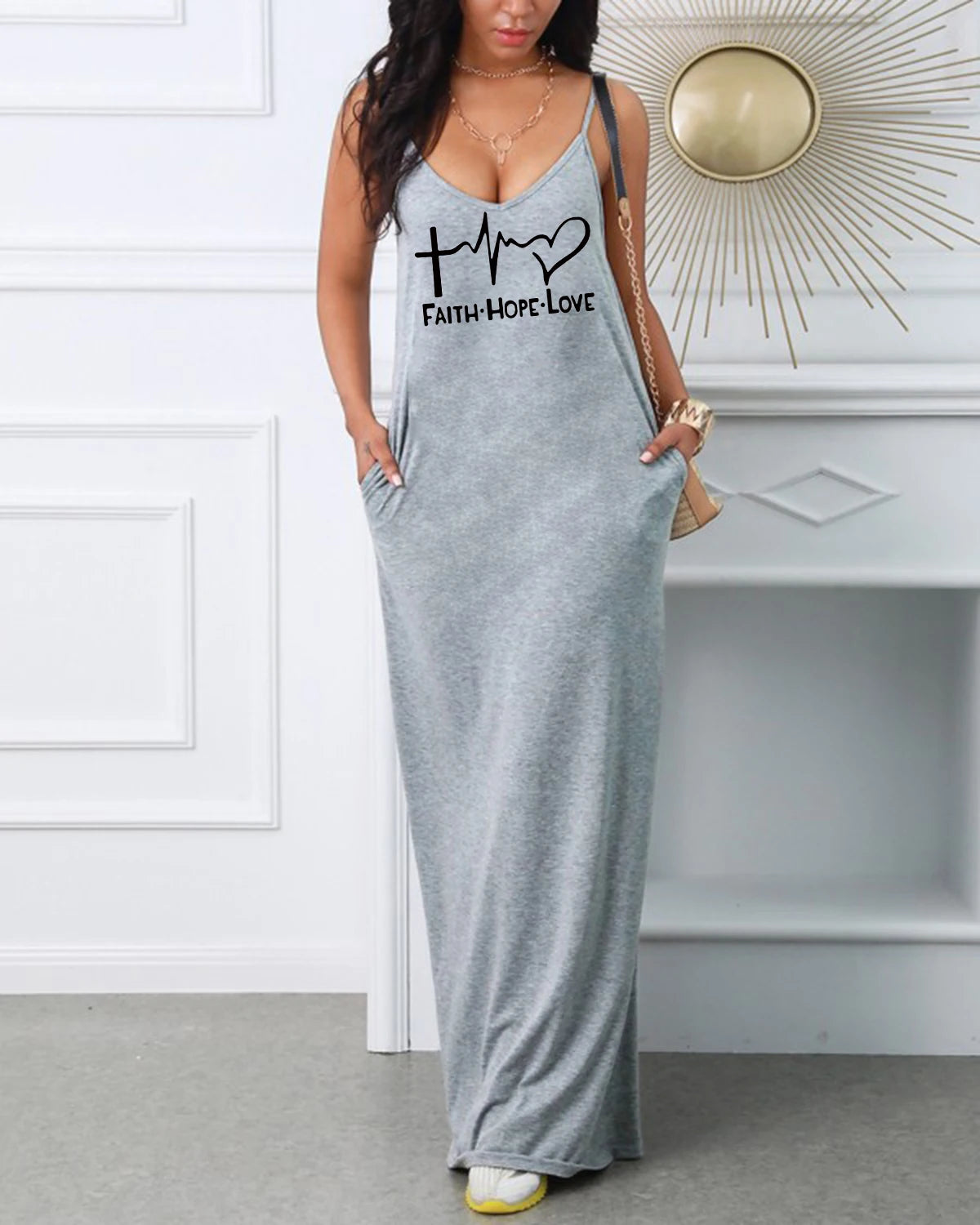 Vestido Longo Feminino Casual Decote em V com Estampa by Loja Bruna Modas