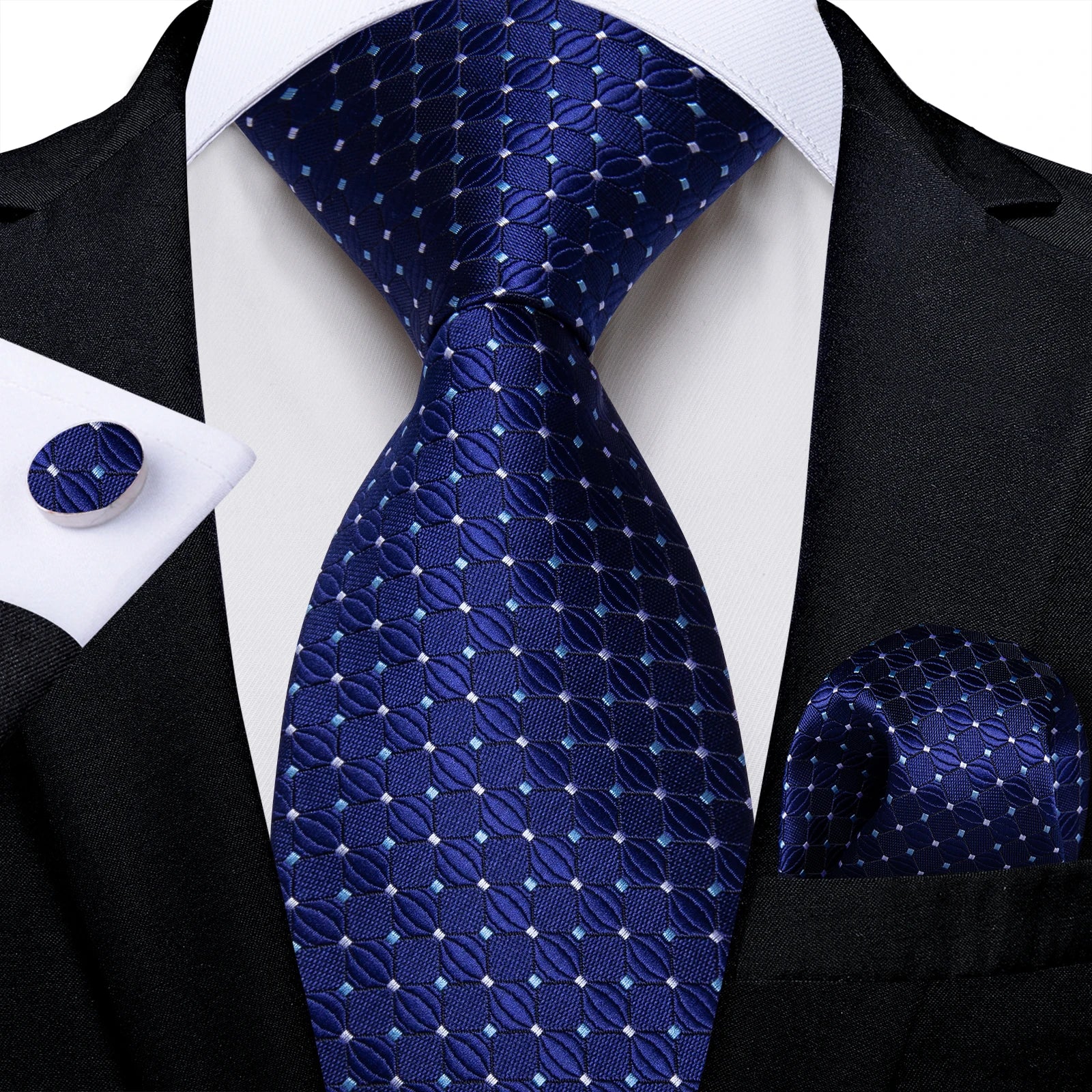Conjunto Gravata Masculina 8cm com Clipe de Prata, Anel, Lenço e Abotoaduras