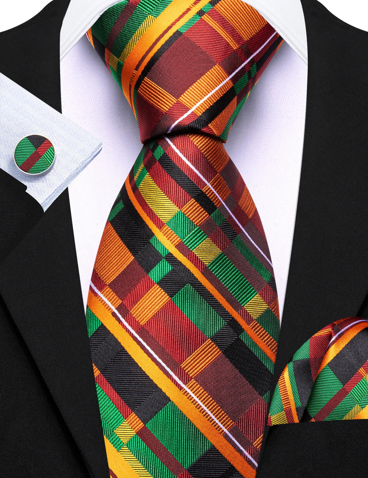 Gravata Masculina Xadrez de Poliéster com Lenço de Bolso e Abotoaduras