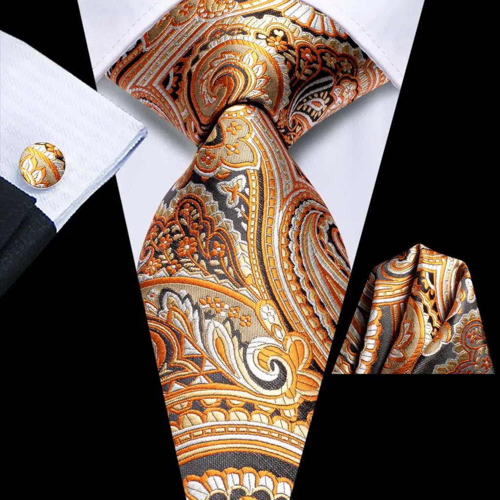 Kit de Gravata Masculina de Seda Jacquard com Lenço e Abotoaduras