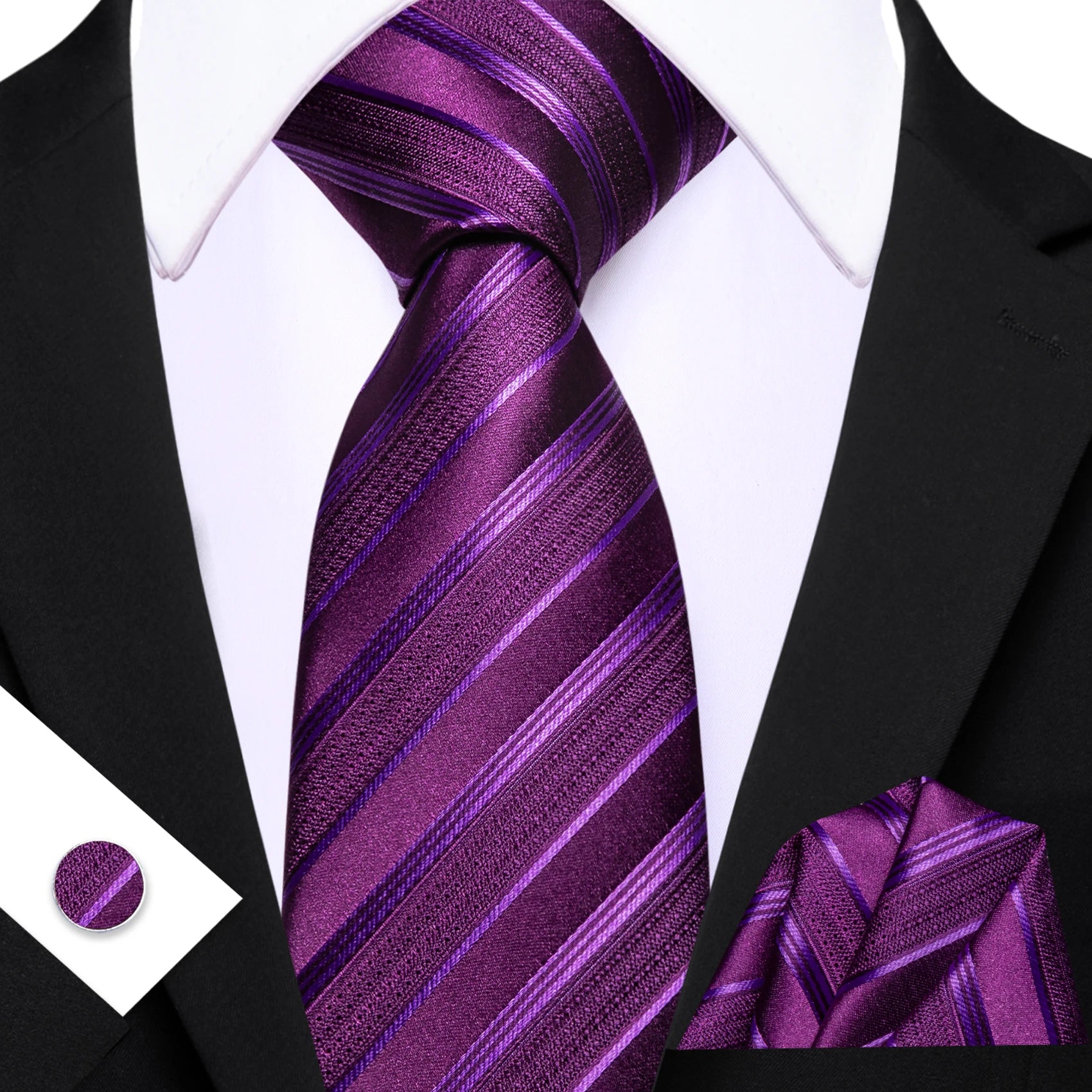 Conjunto de Gravata Masculina Poliéster Listrada com Lenço e Abotoaduras