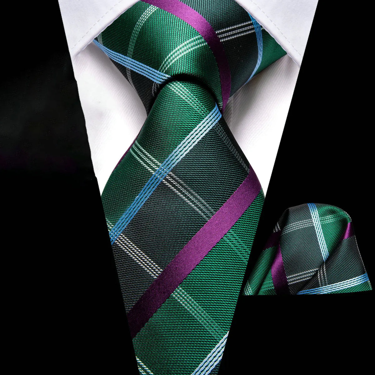 Gravata Masculina Verde Xadrez Texturado com Lenço de Bolso