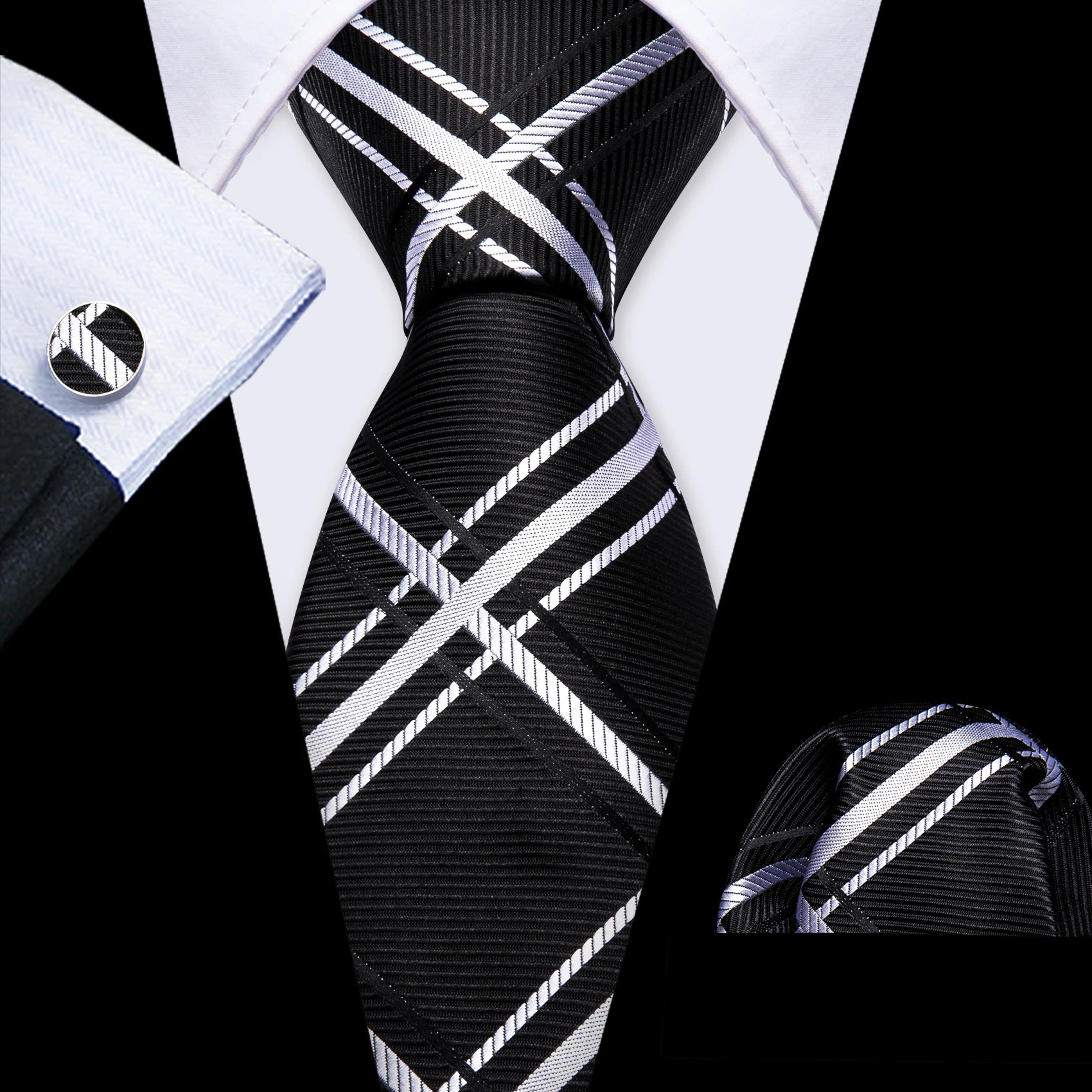 Gravata Masculina Clássica Xadrez com Lenço e Abotoaduras
