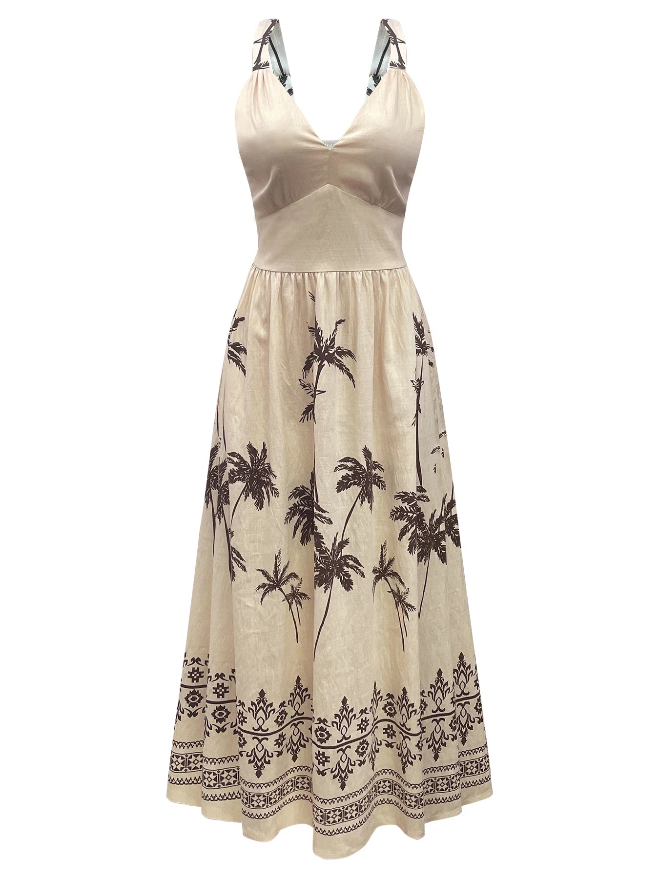 Vestido Midi Estampado de Palmeiras com Decote V e Alças Finas Boho