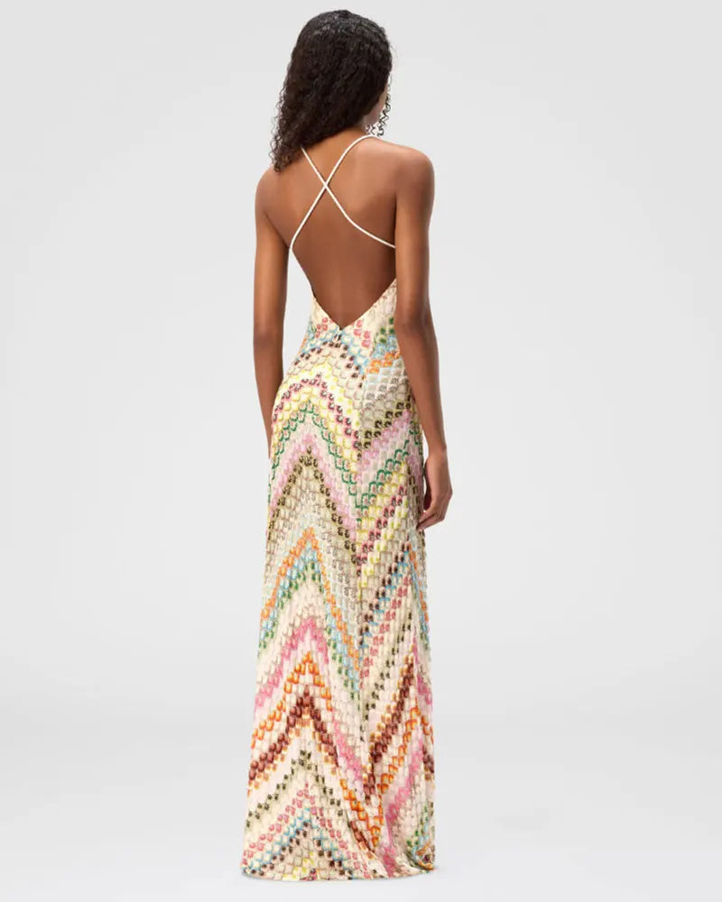 Vestido Longo Feminino de Crochê com Decote em V