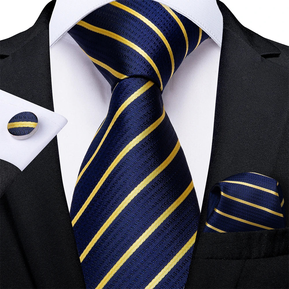 Conjunto Gravata Azul Escuro Masculina Com Lenço E Abotoaduras Para Casamento