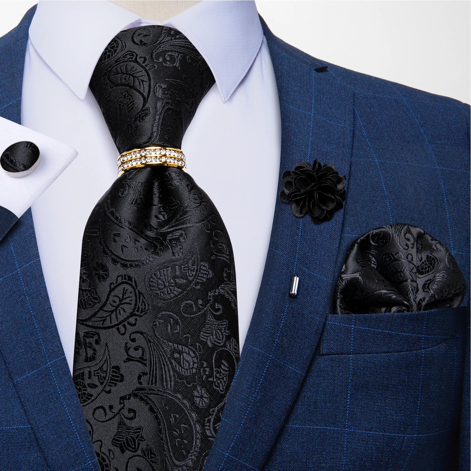 Gravata Masculina de Luxo 8 cm com Lenço e Abotoaduras