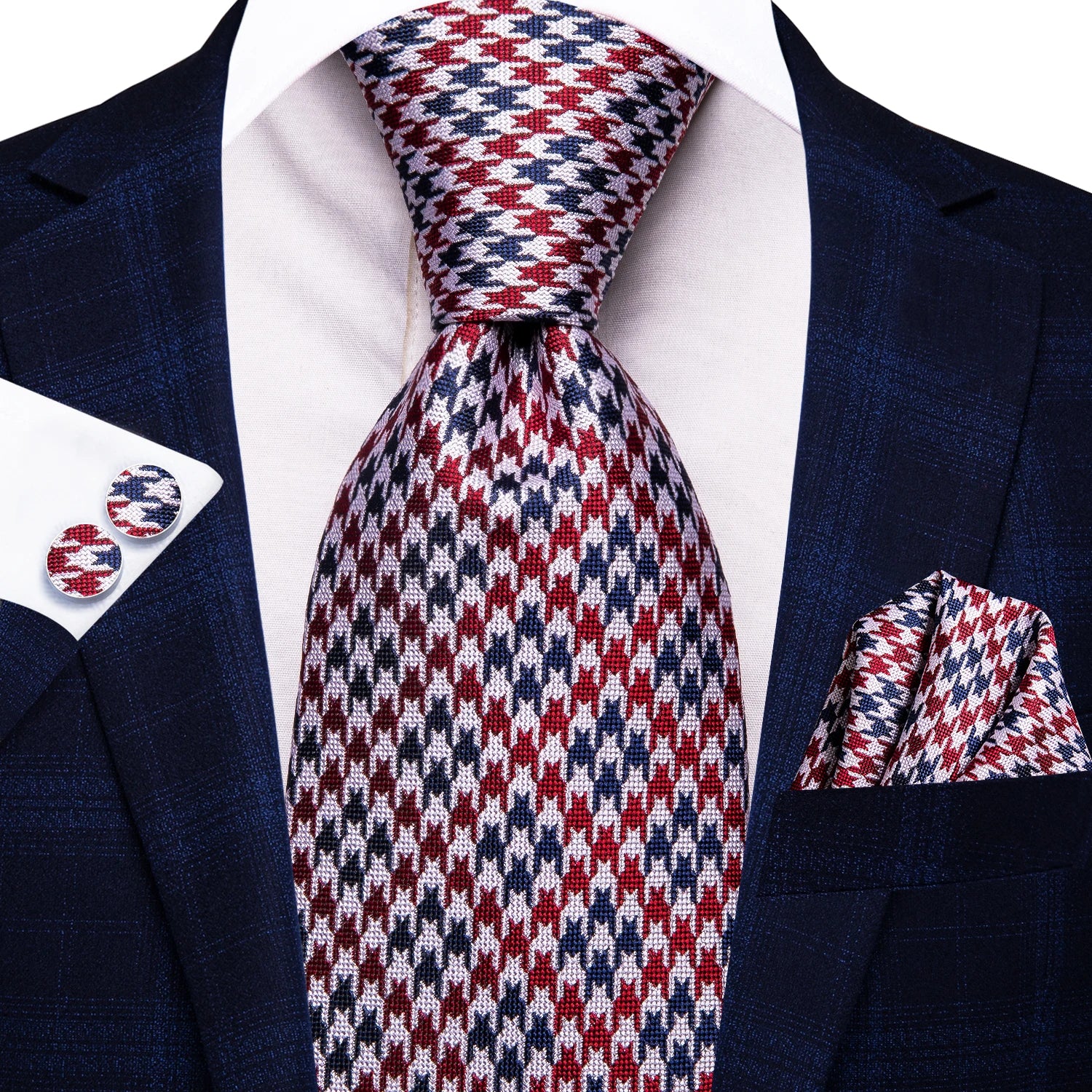 Conjunto de 3 Peças Gravata Masculina de Seda Vermelha com Lenço e Abotoaduras