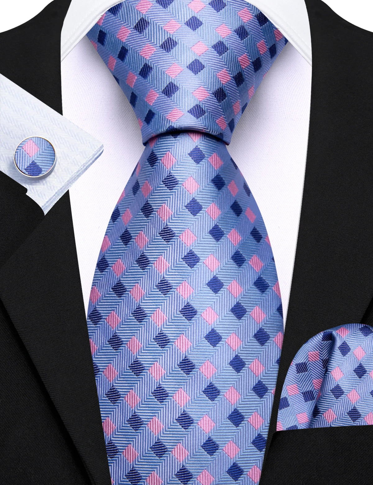 Gravata Masculina Clássica de Poliéster com Lenço de Bolso e Abotoaduras