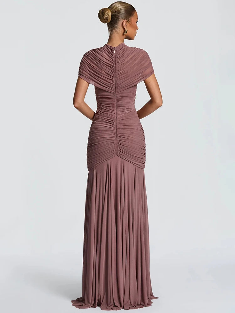 Vestido Longo Feminino Slim Franzido Manga Curta by Loja Bruna Modas