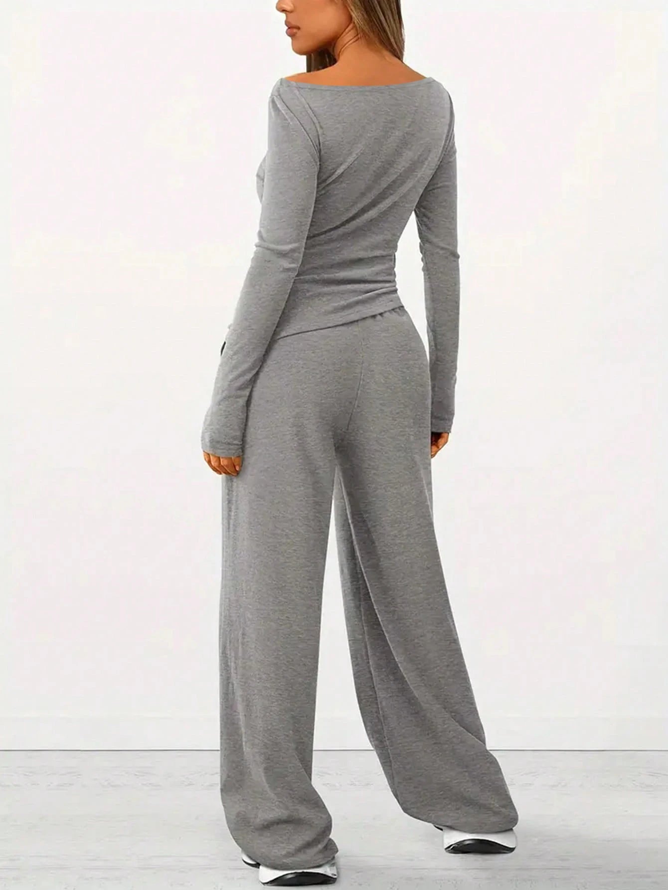 Conjunto Feminino Casual Cinza Cintura Alta Estilo Rua