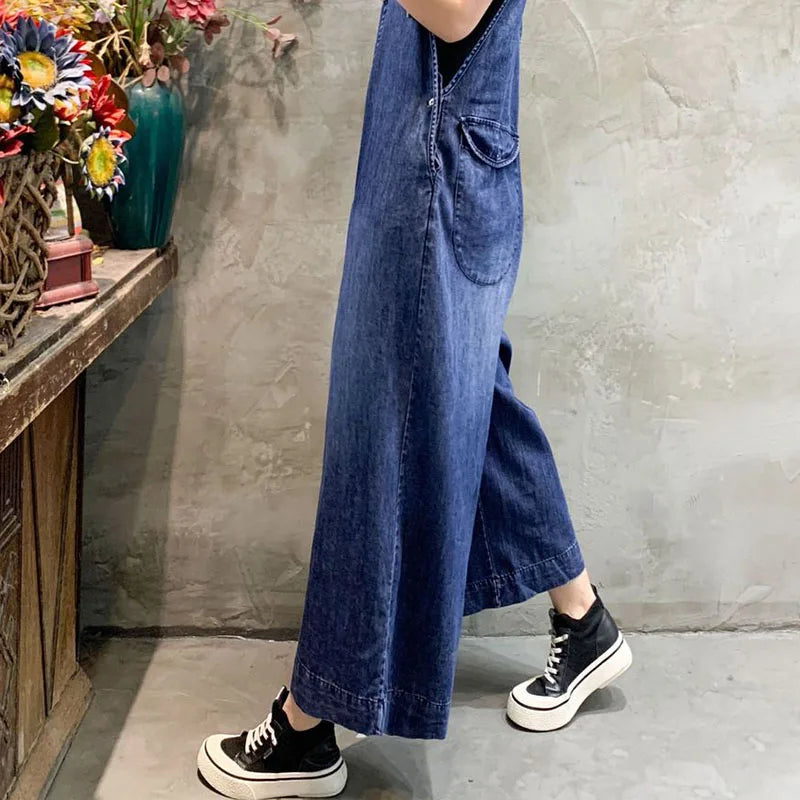 Macacão Feminino Jeans Wide Leg com Suspensório