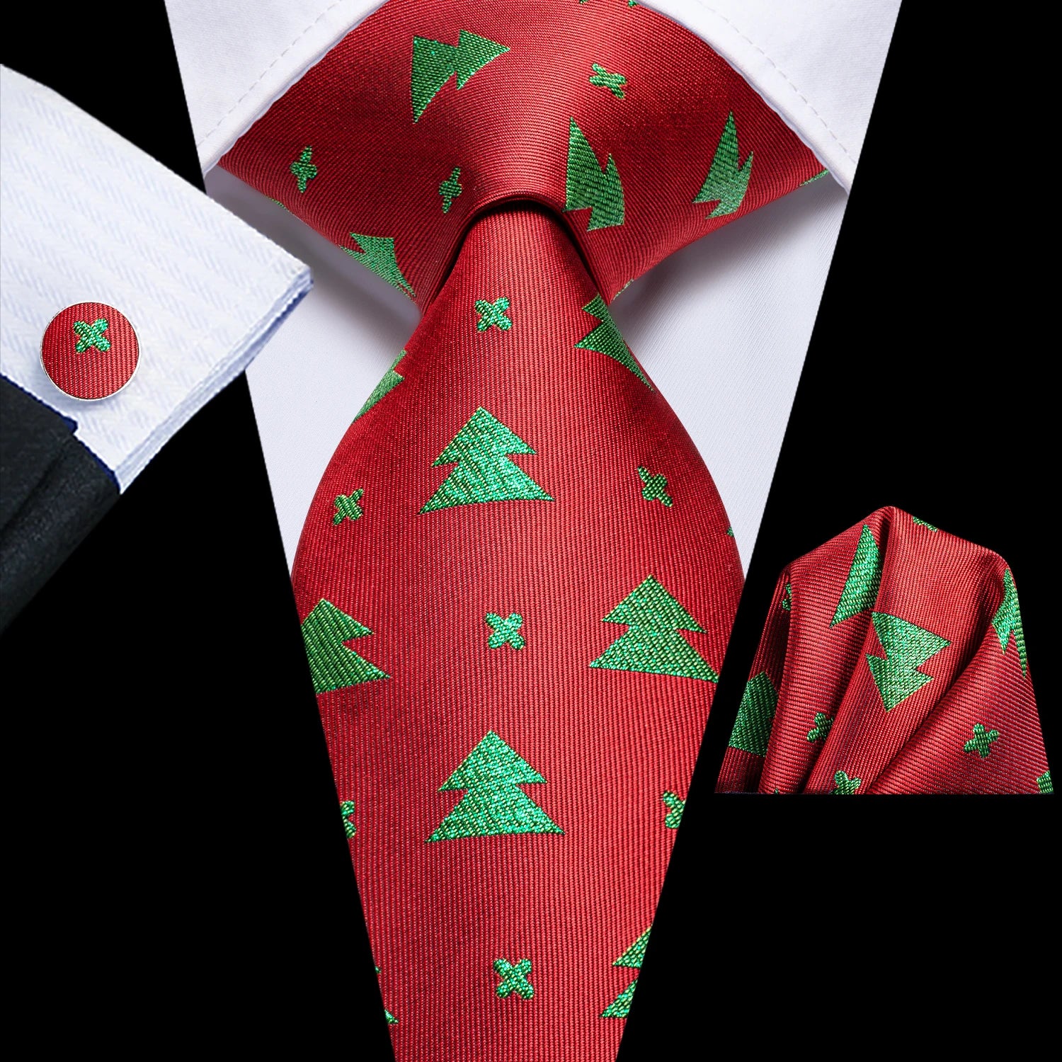 Conjunto de 3 Peças Gravata Masculina de Seda Vermelha com Lenço e Abotoaduras
