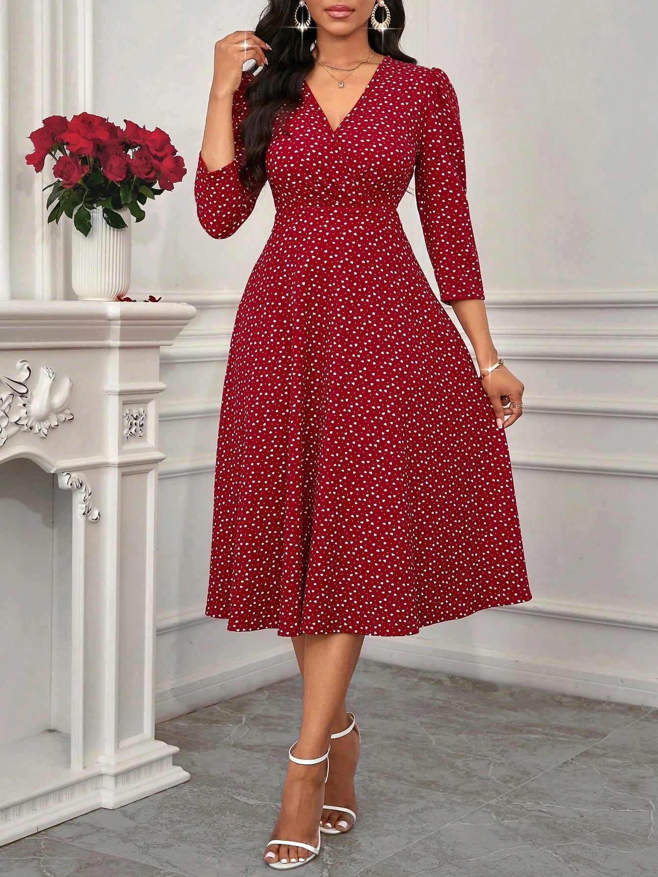 Vestido Midi Feminino Bordô Decote em V