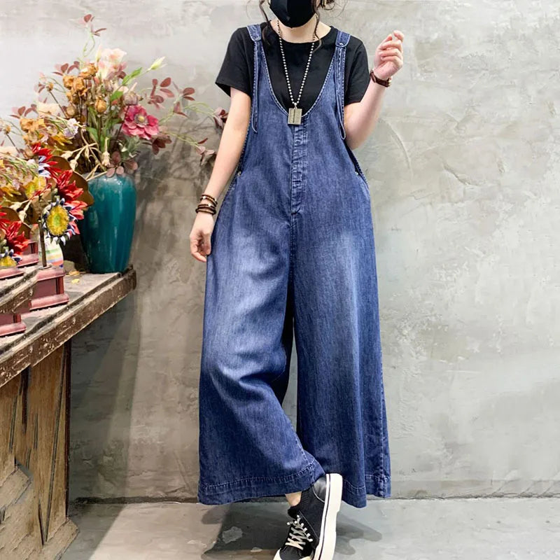 Macacão Feminino Jeans Wide Leg com Suspensório