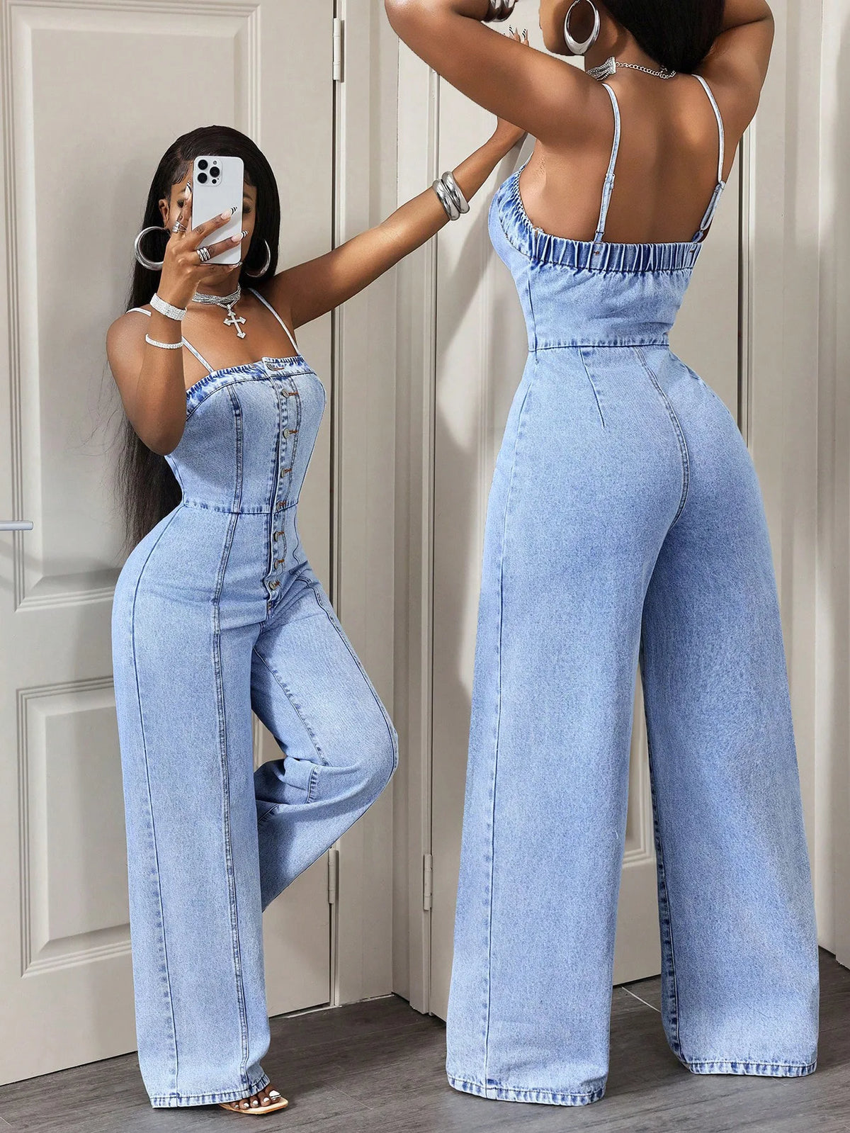 Macacão Feminino Jeans Costas Abertas Bellavira