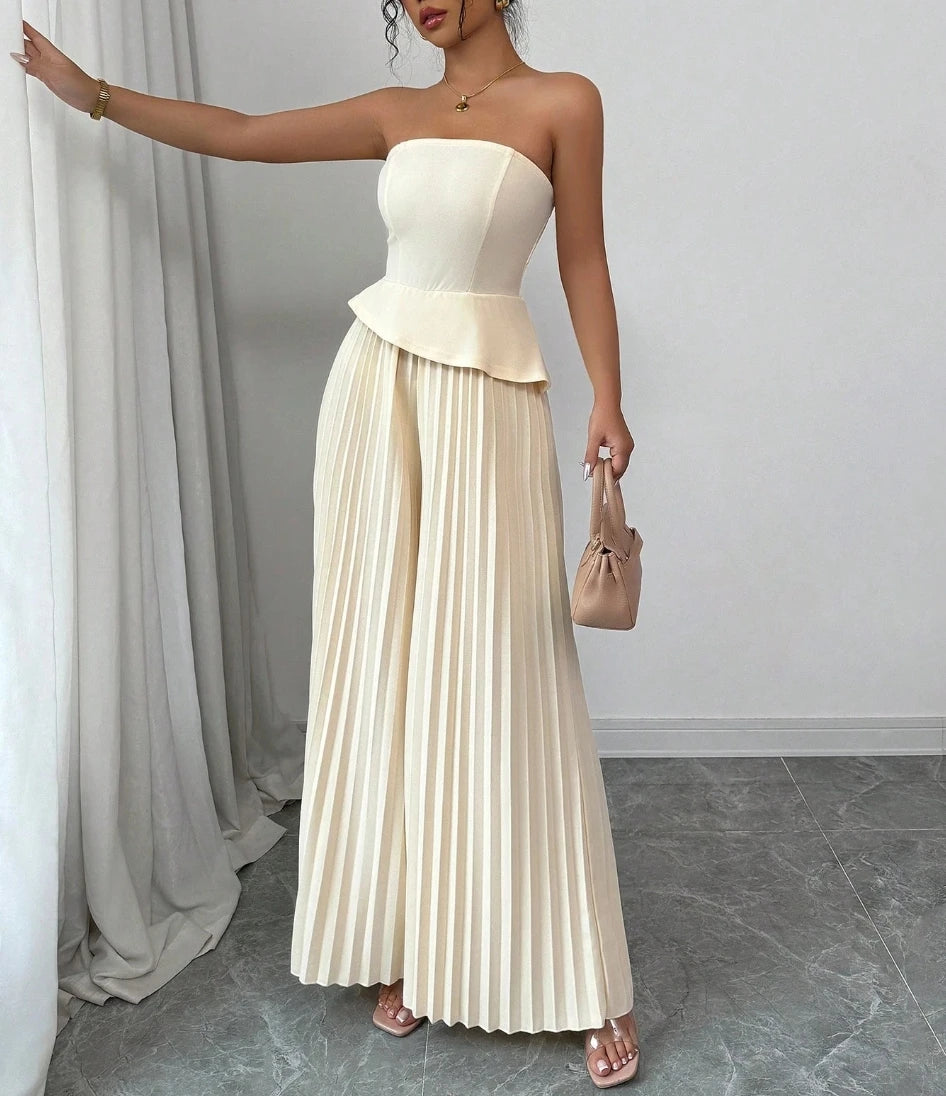 Macacão Feminino Bege Tomara que Caia Wide Leg by Loja Bruna Modas