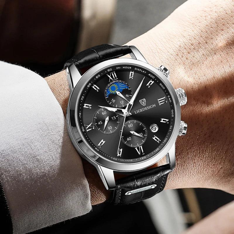 Relógio Masculino Clássico com Pulseira de Couro Fase da Lua by Loja Bruna Modas