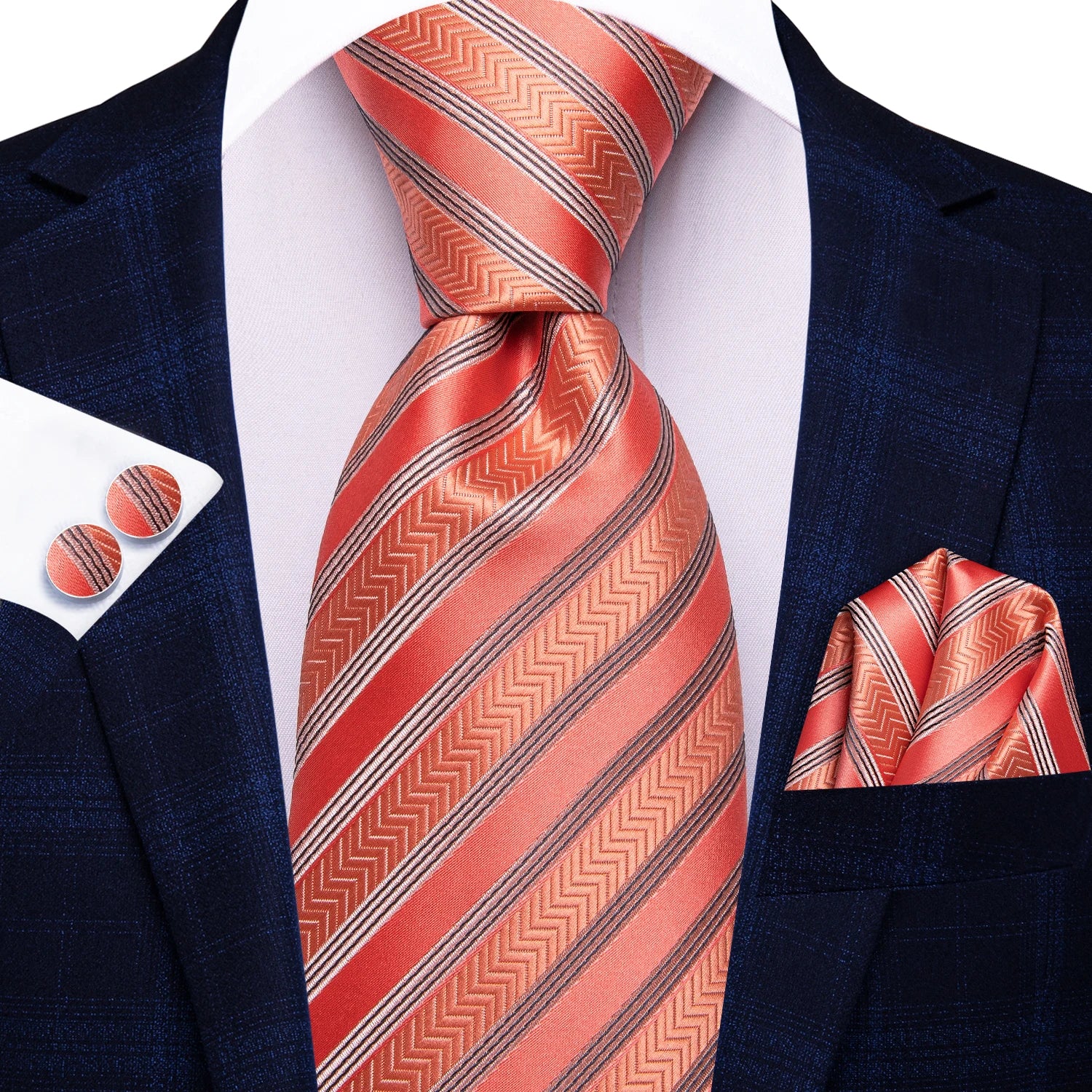 Gravata Masculina Listrada de Luxo com Lenço de Bolso e Abotoaduras