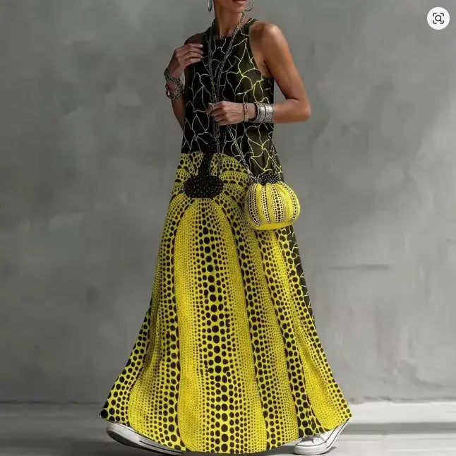 Vestido Longo Feminino com Estampa Abstrata e Gola Redonda