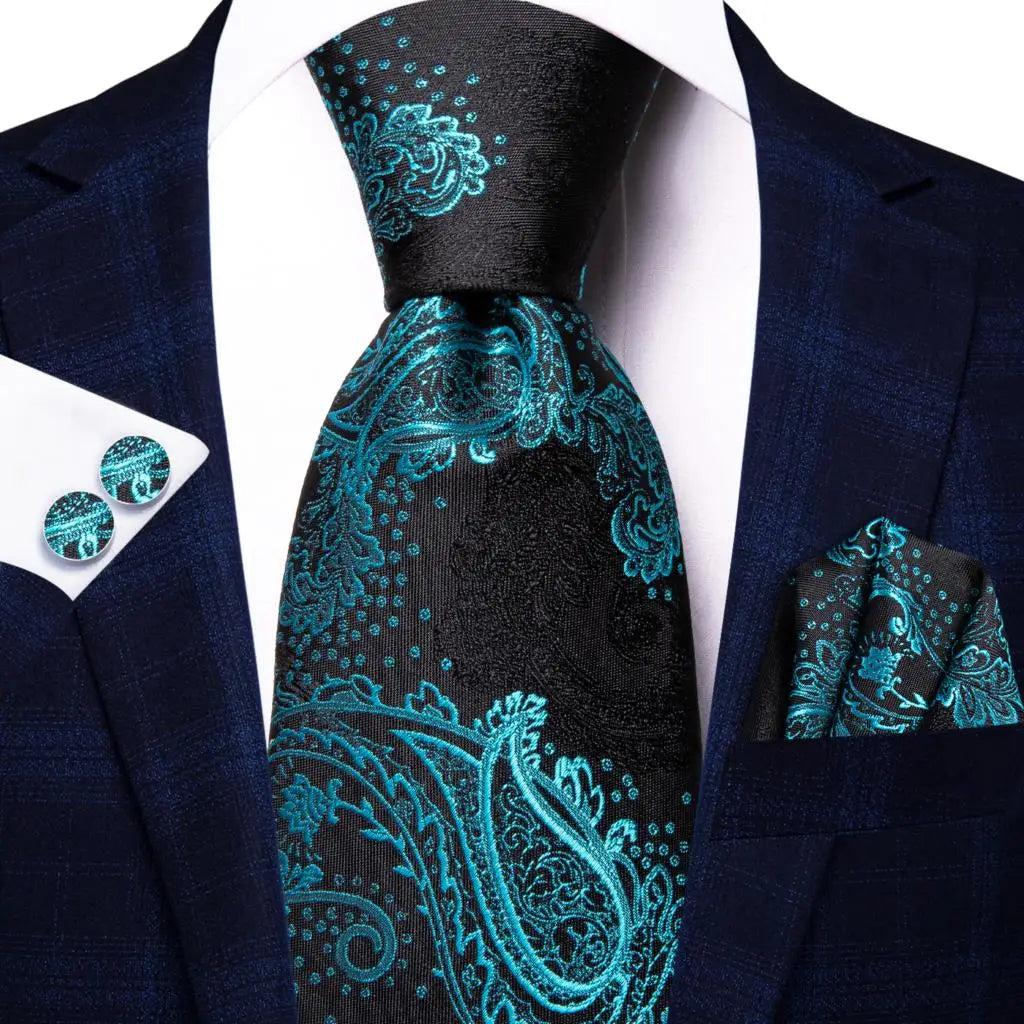 Kit de Gravata Masculina de Seda de Luxo Azul com Lenço e Abotoaduras