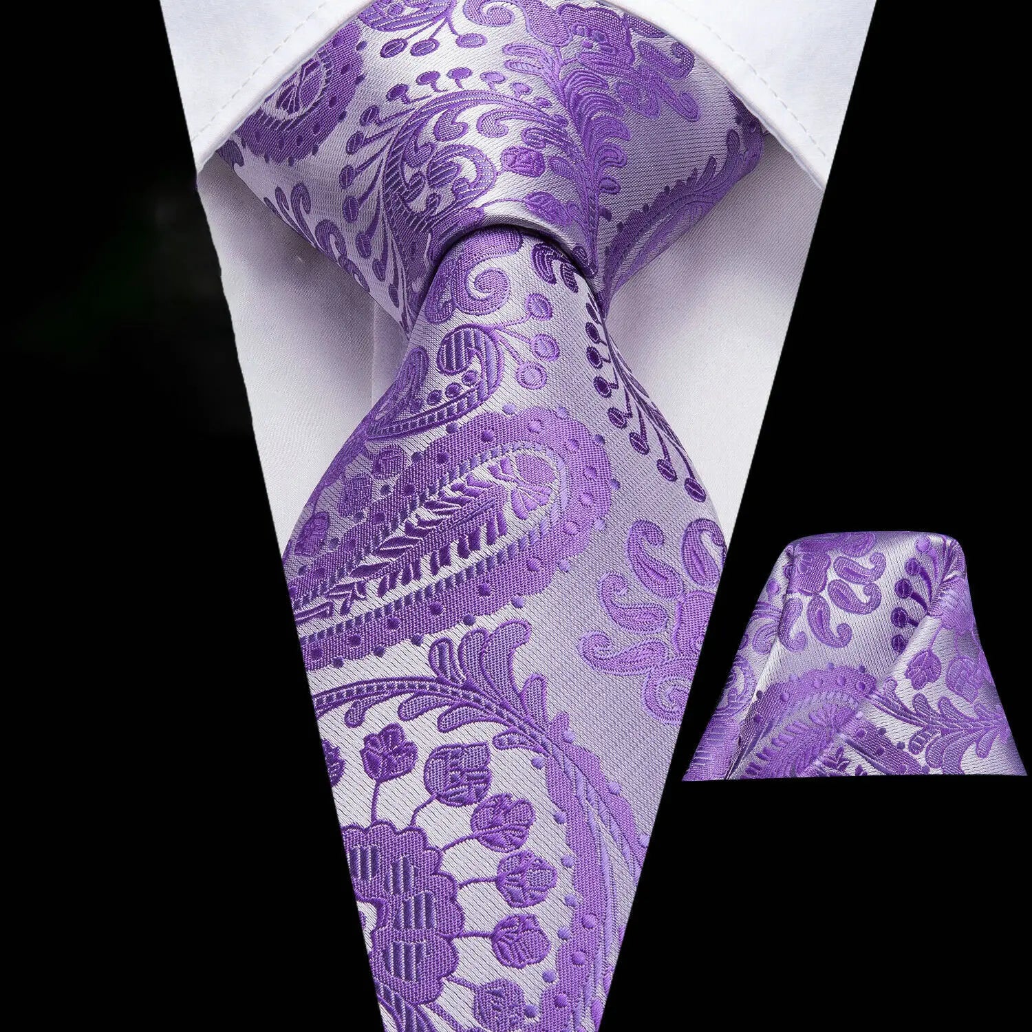 Gravata Masculina Roxo Floral com Lenço de Bolso