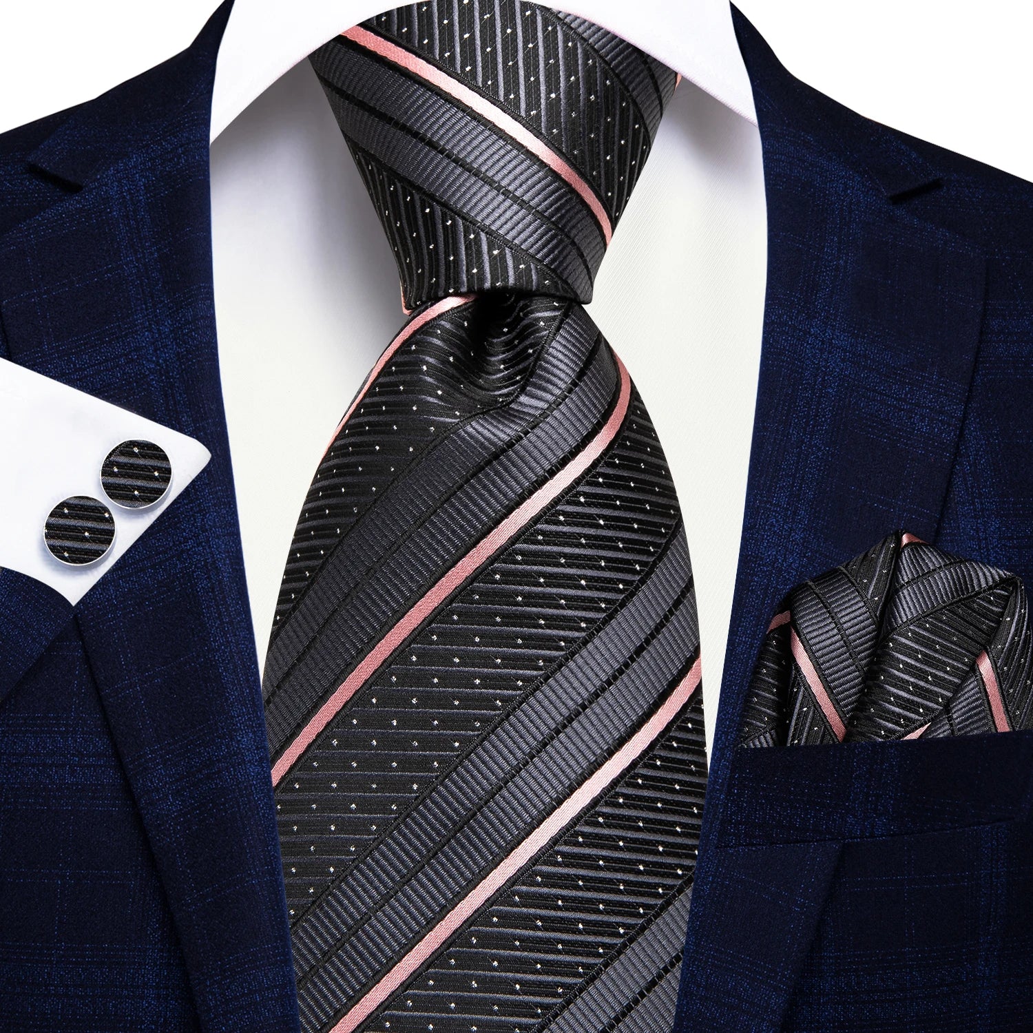 Conjunto 3 Peças Gravata Masculina Listrada com Lenço e Abotoaduras