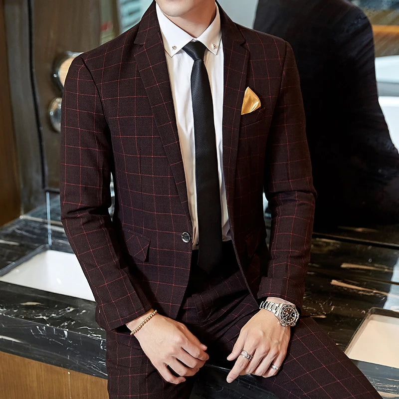 Terno Masculino Casual Xadrez de Um Botão