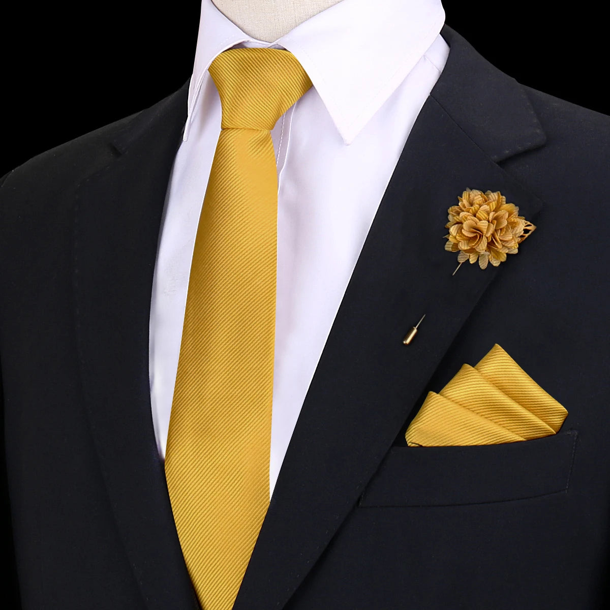 Gravata Masculina Lisa Poliéster com Broche e Lenço de Bolso