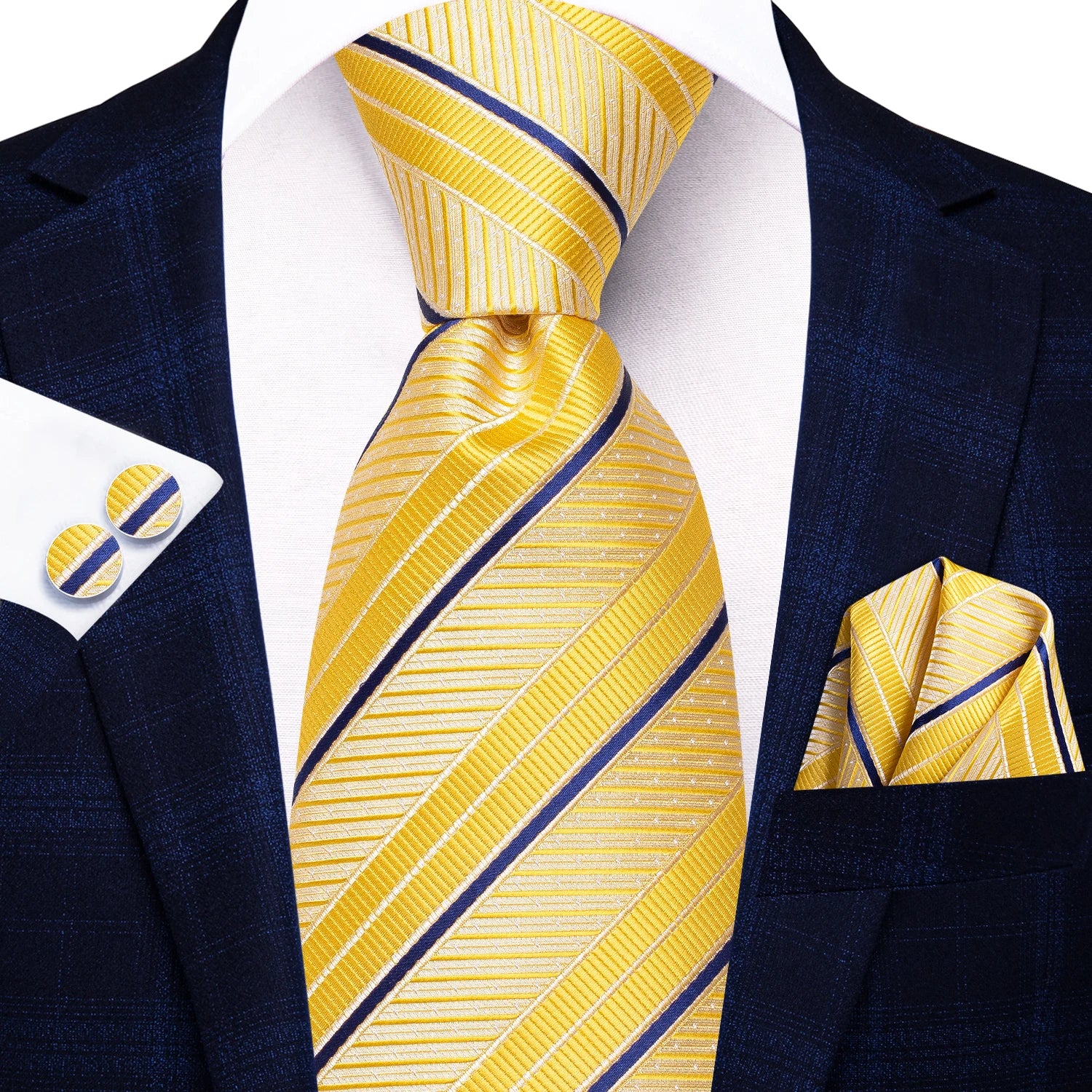 Gravata Masculina Listrada de Luxo com Lenço de Bolso e Abotoaduras