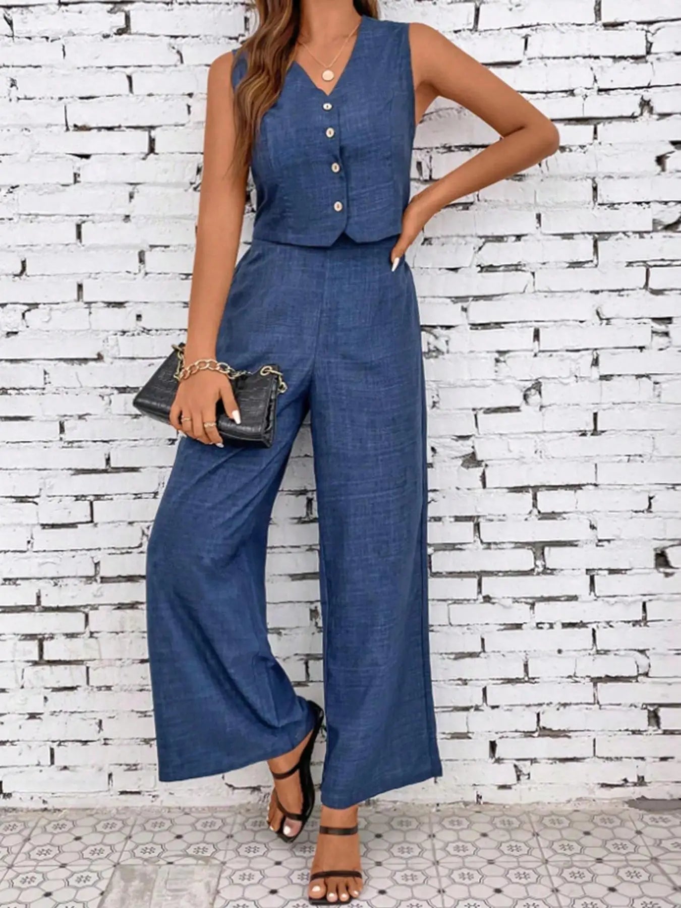 Conjunto Feminino Sem Mangas Blusa Decote V E Calças De Pernas Largas