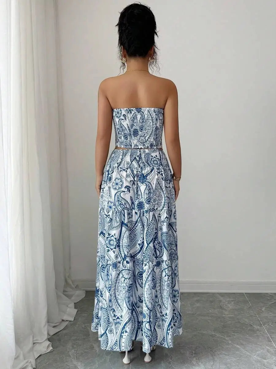 Conjunto Feminino Casual 2 Peças Top Tomara que Caia e Saia Estampado