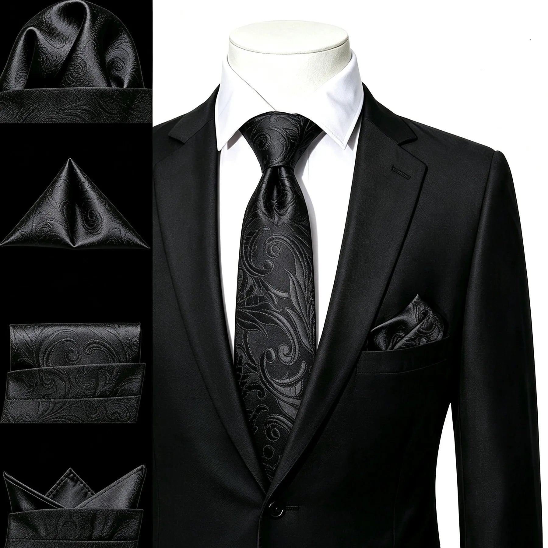Gravata Masculina Poliéster Preto Floral com Lenço de Bolso