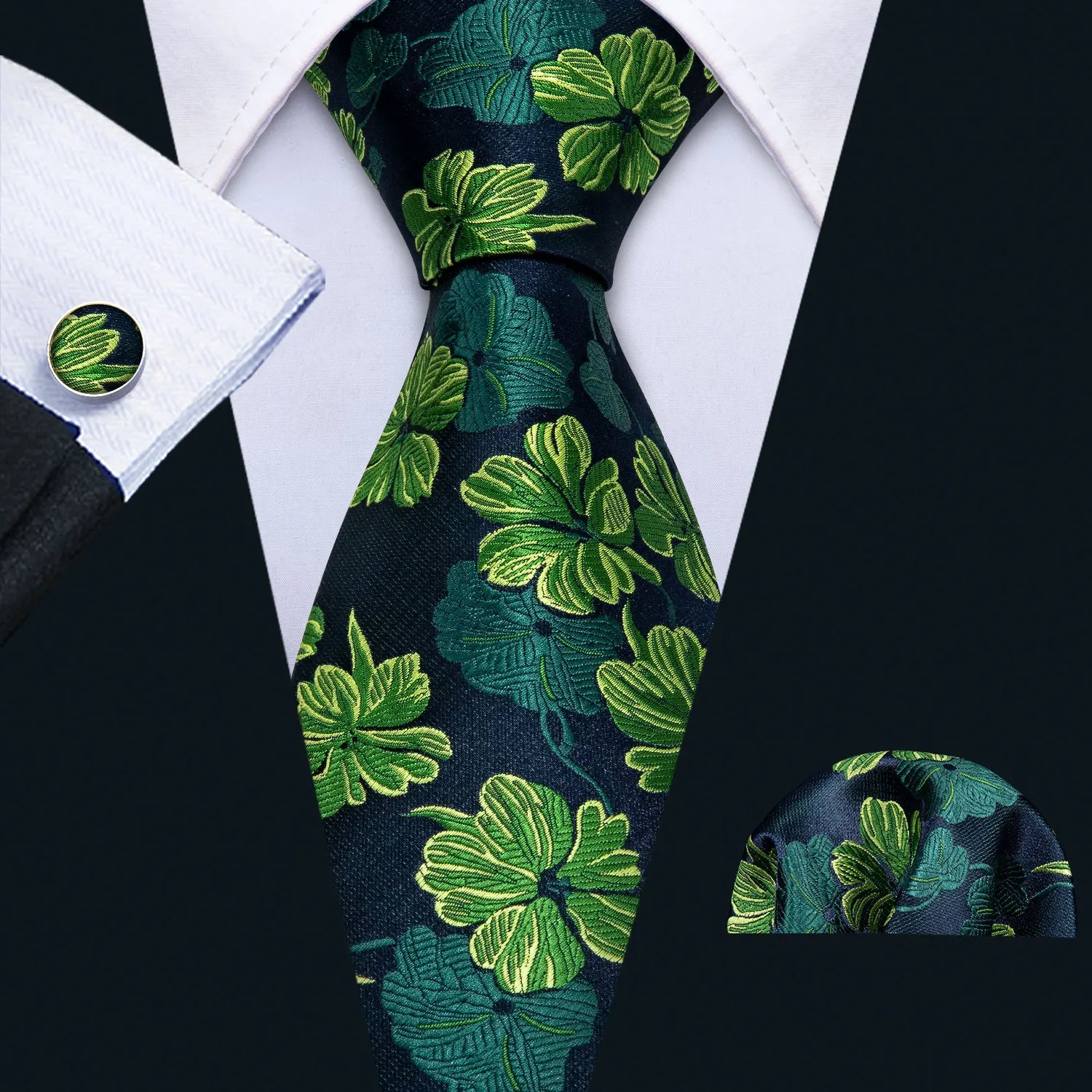 Conjunto Gravata Masculina Poliéster Paisley Floral com Lenço e Abotoaduras