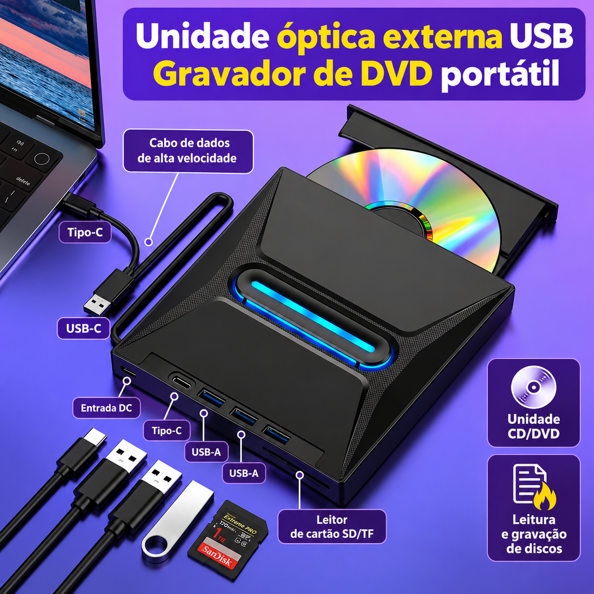 Leitor Externo de CD e DVD Archivora