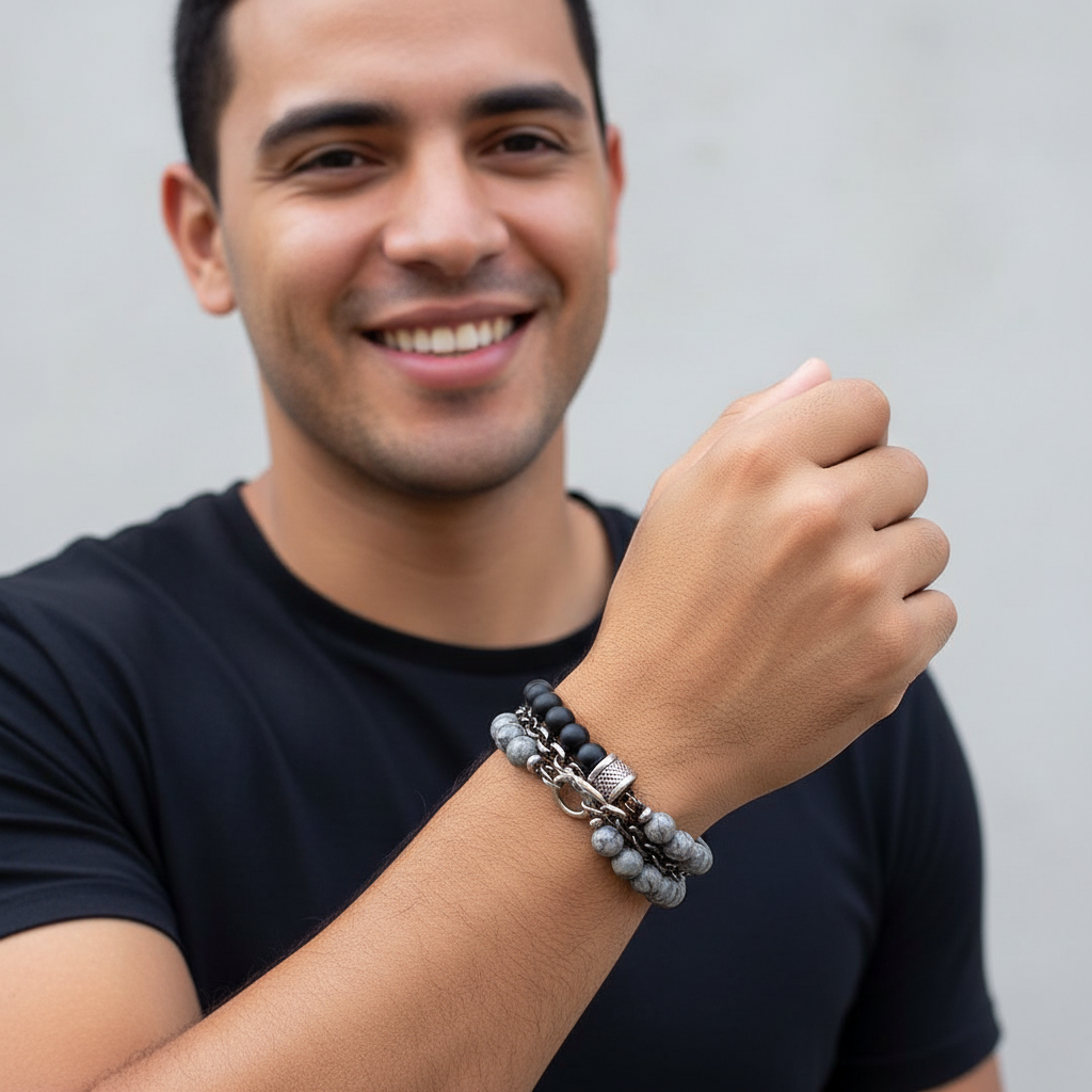 Pulseira Masculina de Contas de Aço Inoxidável