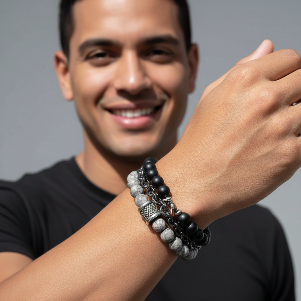 Pulseira Masculina de Contas de Aço Inoxidável